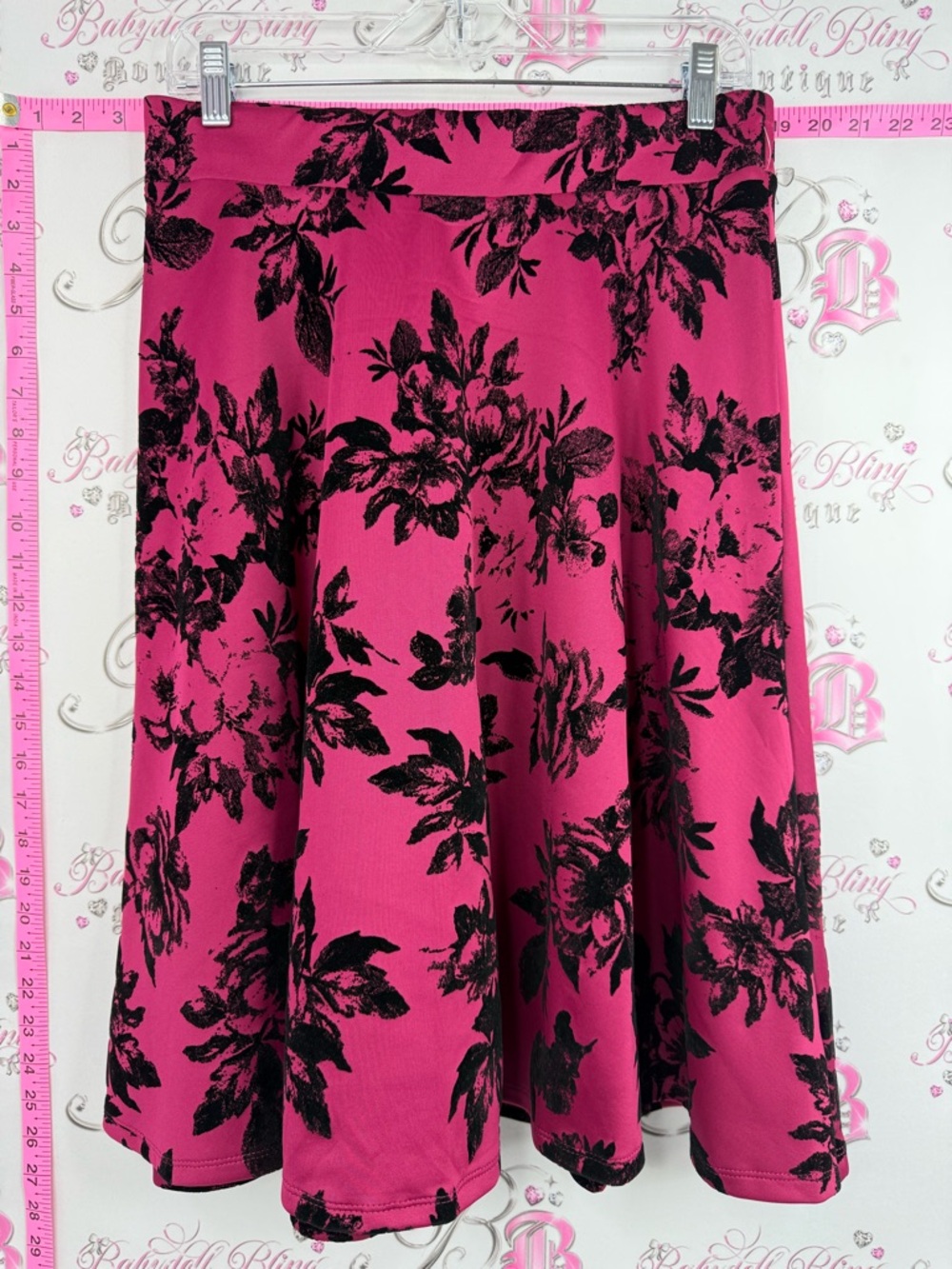 Faith and Joy Skater Skirt with Black Floral Print flowly Pink + black